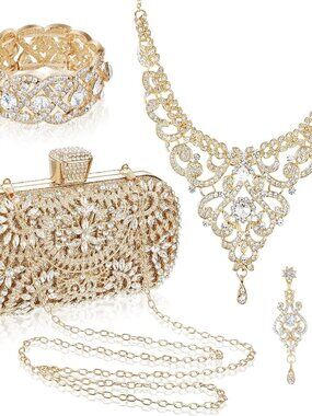 4 Pcs Purse Rhinestone Jewelry Set Evening Clutch Bag Bling Crystal Necklace Dan